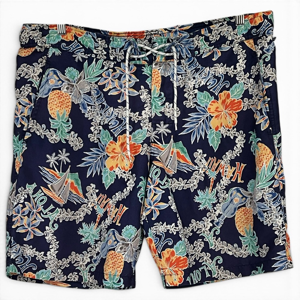 St Johns Bay Mens Hawaiian Print Swim Trunks Navy Blue Tropical‎ Pineapple Large